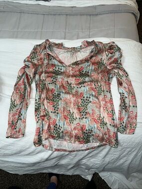 LOFT Floral Long-Sleeve V-Neck Blouse - Pink, Green, Blue